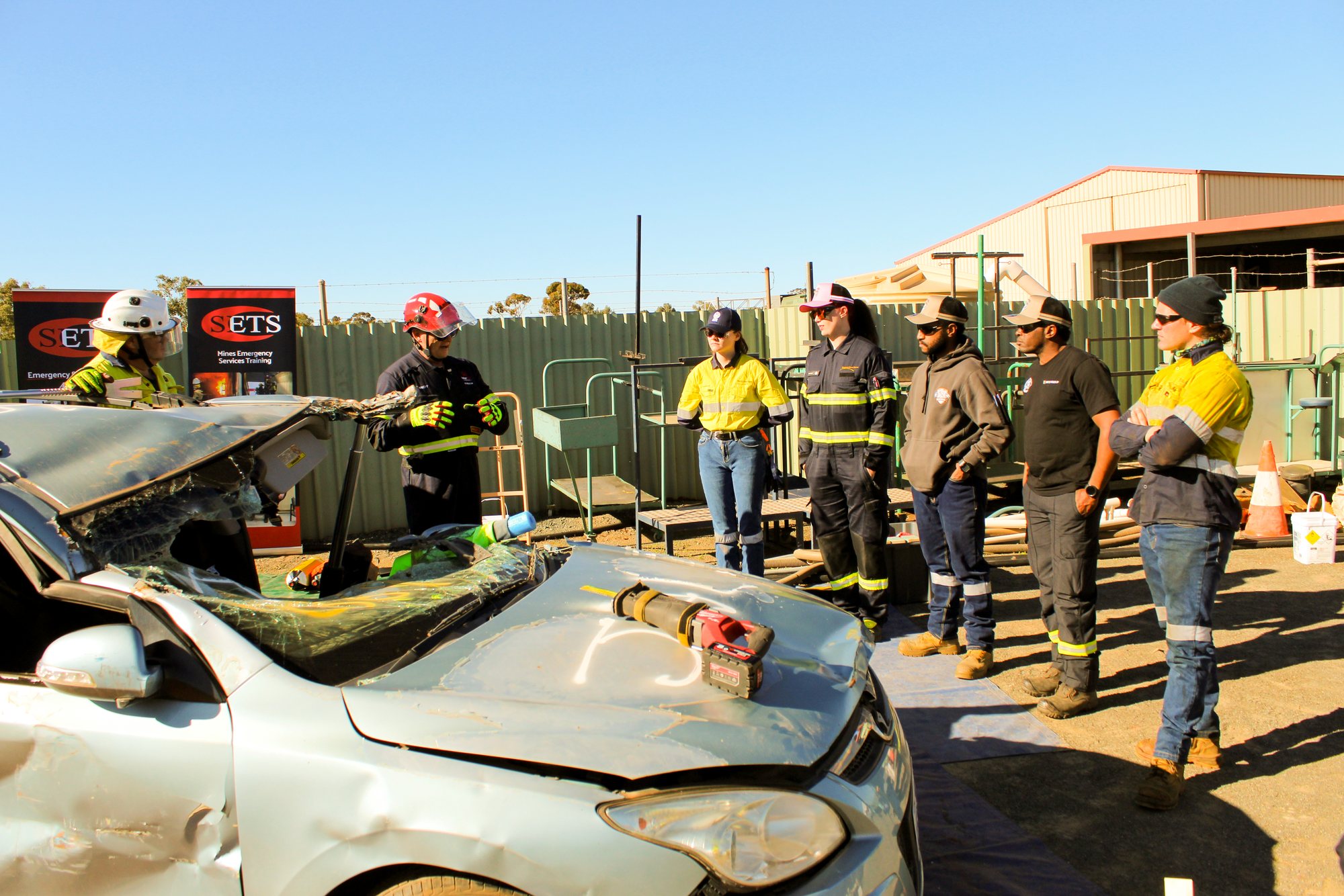 Teams working a vehicle extrication scenario at the 2026 GEM Mutual Aid Weekend